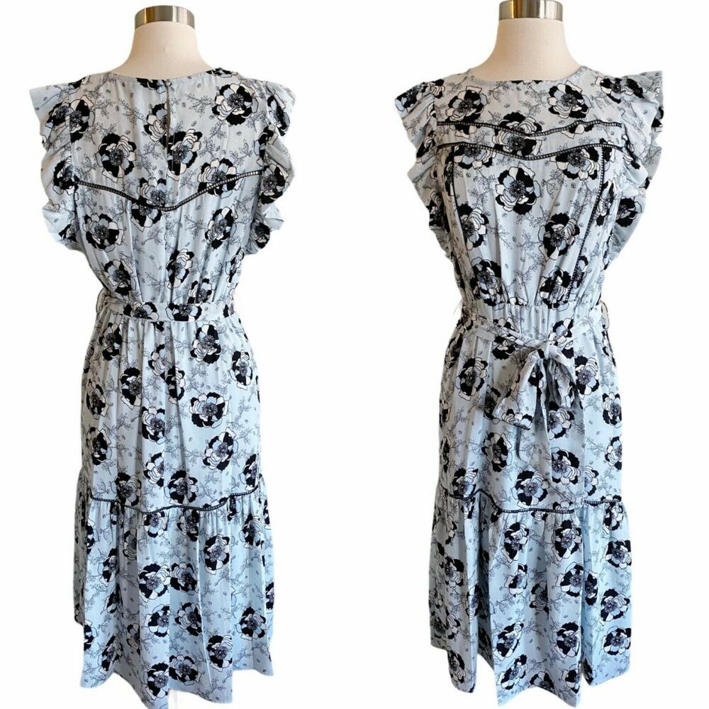 Floral Ruffle Midi Dress in White and Black
